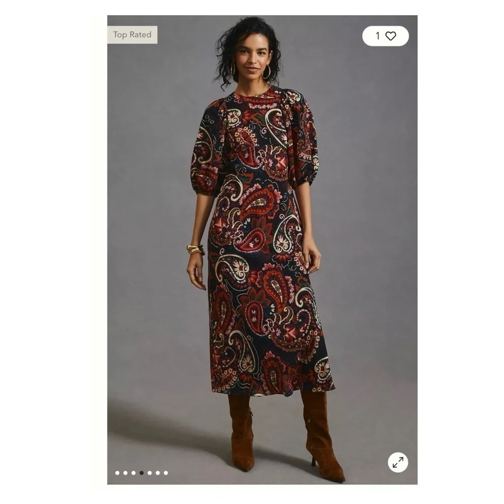 KACHEL x Anthropologie Paisley Puff Sleeve Midi Dress XS NWT Fall Boho - Picture 6 of 15